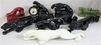 COLLECTION OF 8 CERAMIC PANTHER LAMPS & CLOCK,