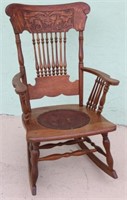 VICTORIAN OAK ROCKER, PRESS BACK WITH LION HEAD,