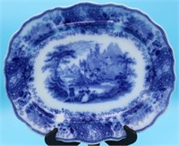 19TH C. FLO BLUE PLATTER, CASTLE LANDSCAPE SCENE,