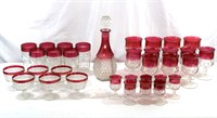 34 Indiana, Tiffin Ruby Flash Tumblers, Decanter++