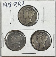 1918-P,D,S Mercury Silver Dimes, US 10c Coins