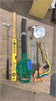 Level, electric Barracuda leaf blower, lamp and