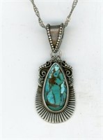 Sterling Zuni Turquoise Pendant & Chain 16”