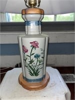 Ceramic Floral Lamp Asian - Blue Trim - Wooden