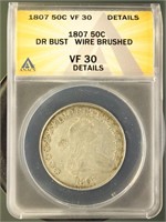 US Coins 1807 Draped Bust Half Dollar VF30 Details