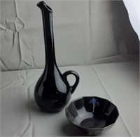 Blue iris Otagiri Japan Bowl and Black Pitcher