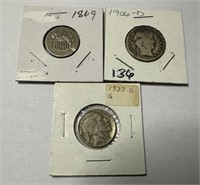 1869 Shield 5 Cent, 1906-D Barber Quarter, and 193