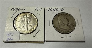 1936-P Walking Liberty Half Dollar and 1948-D Fran
