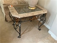 Beige Marble Metal Accent End Table