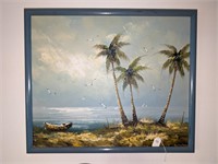 Framed Art O/C Palm Tree Ocean Scene w/ Boat SLR