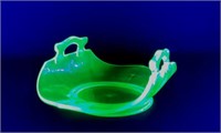 Vintage Green Uranium Glass Handled Bon Bon Dish