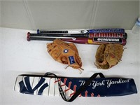 SPALDING & RAWLINGS GLOVES,3 BATS & YANKEES COOLER