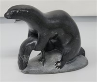 Inuit Soapstone signed 7" x 5.5" Otter with Fish
