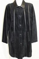 Black  suede 3/4 length coat , leather trim Sz M