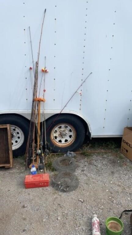 Fishing Poles, tackle box, metal fishing baskets