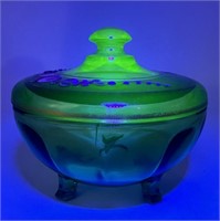 Green Depression Glass Footed Bowl w/ Lid