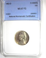 1962-D Nickel MS67 FS LISTS $4250 IN 65FS