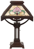 Oak Arts And Crafts Leaded Table Lamp