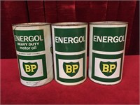 3 BP Energol Motor Oil Cans - Full