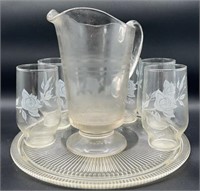 6 Water Glasses Etched W/ Roses Glass Platter &