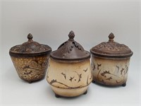 3 Metal/Wood Carved Decorative Lidded Pots