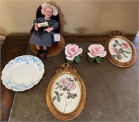 F - ROSE CANDLE HOLDERS, FRAMED ART, PLATE, DOLL