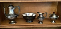 Group of silverplate teapot, bowl, cream, sugar