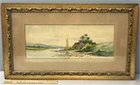 Antique Shore Landscape Watercolor Painting
