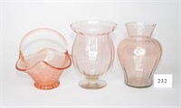 Glass Basket and 2 Vases