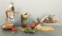 Carved wood birds etc 2 signed R. Mickelson and