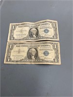 2 One Dollar Silver Certificate Bills