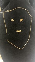 14 kt gold dragonfly pendant, earrings and broken