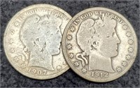 (2) Barber Half Dollars: 1907-S, 1912