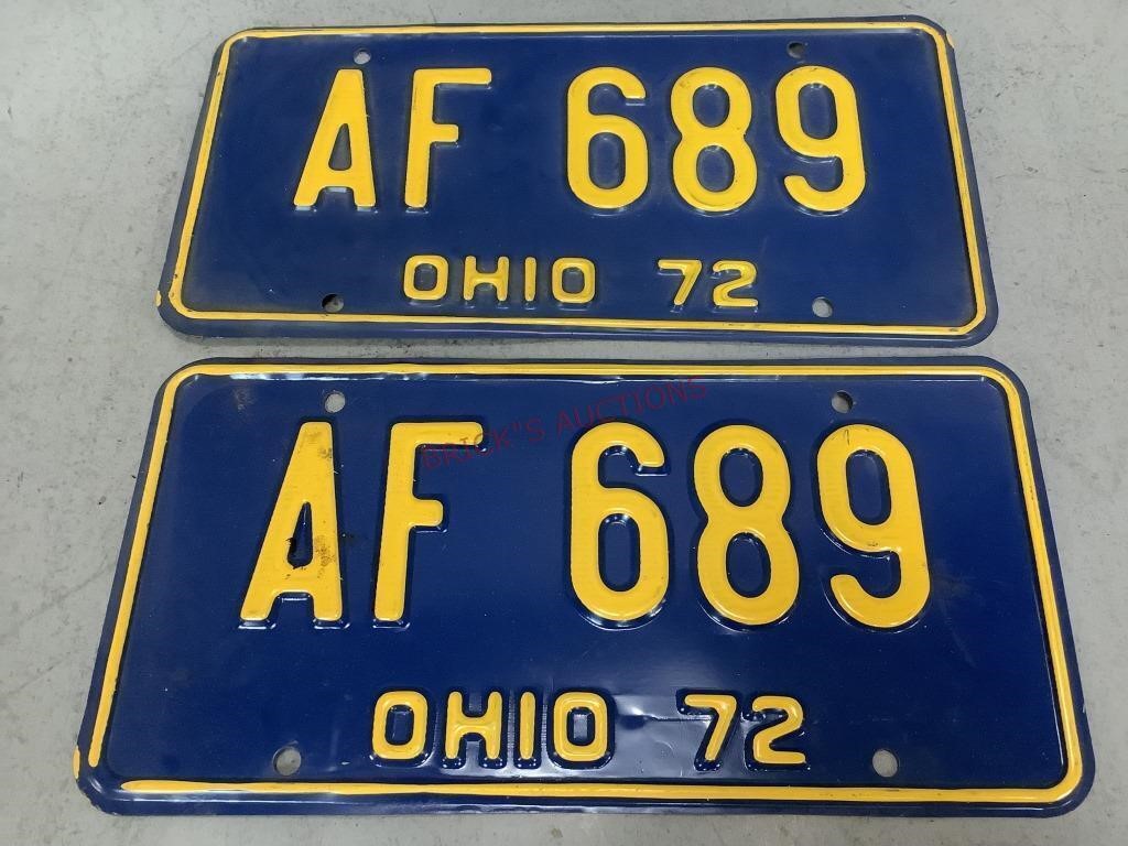 Two Blue and Yellow Ohio 72 License Plates