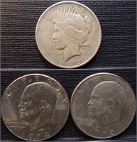 1922 Peace Silver Dollar & (2) Eisenhower Dollars