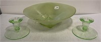 Green Depression Glass Candlesticks & Bowl