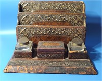 Antique Tooled Leather & Wood Desk Set