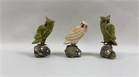 3 Vintage Hand Carved Gemstone Owls