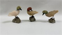 3 Hand Carved Gemstone Ducks On Pyrite Base