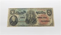 1869 $5 RAINBOW WOODCHOPPER NOTE - VF