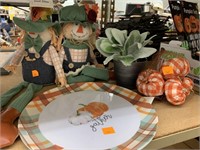Gather plate, boy and girl scarecrows, pumpkins,