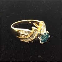 14KT GOLD & BLUE DIAMOND RING, 7.4g, SIZE 8