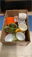 Box lot of 12 various colored coffee mugs (1430)