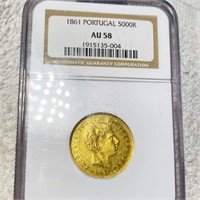 1861 Portugal Gold 5000 Reis NGC - AU58
