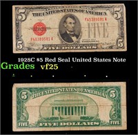 1928C $5 Red Seal United States Note Grades vf+