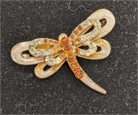 Gold Tone, Amber, Rhinestone & Enamel Dragonfly