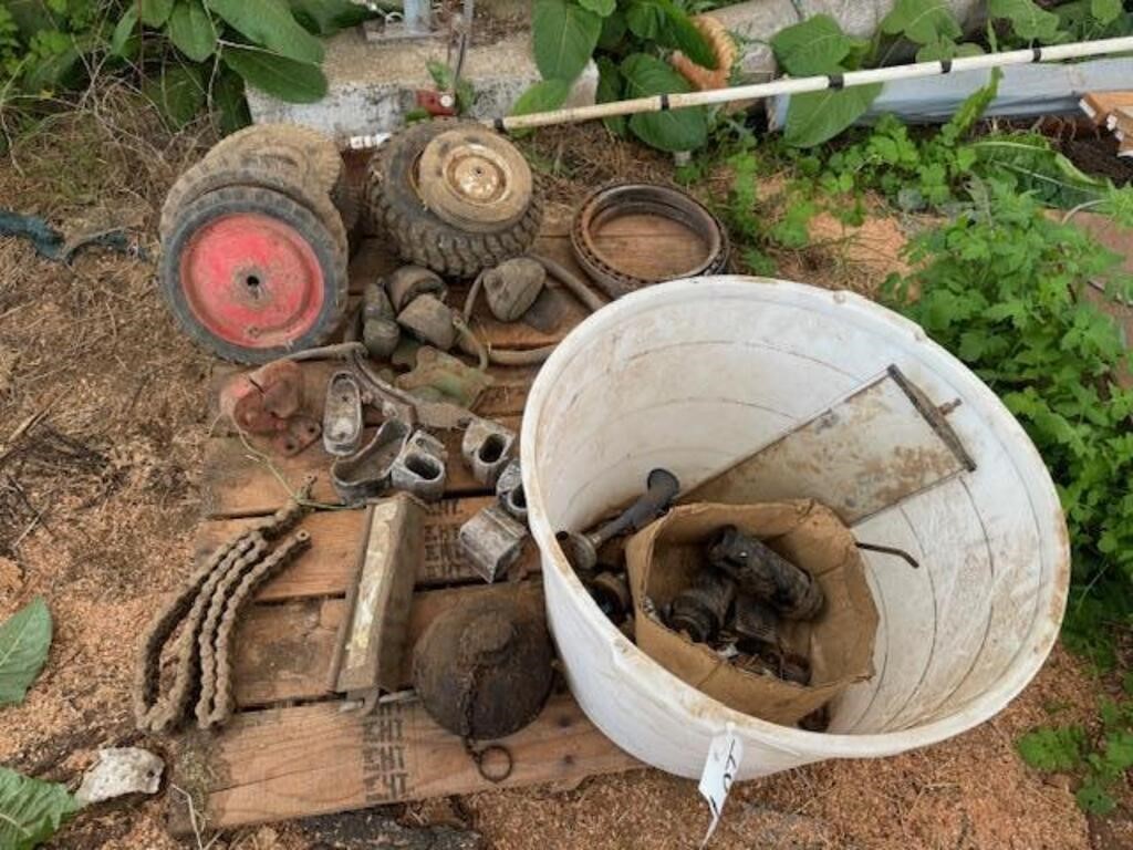 Pallet with scale,tires,log tonges,misc antiques