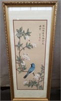 Very Pretty Asian Watercolor on Silk of Bluebird