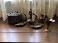 BRASS CRICKET BOX, TEAPOT, ASHTRAYS