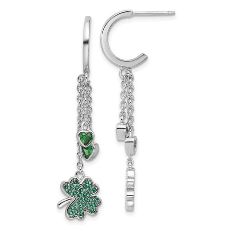 Silver Green Crystal Clover Heart Earrings